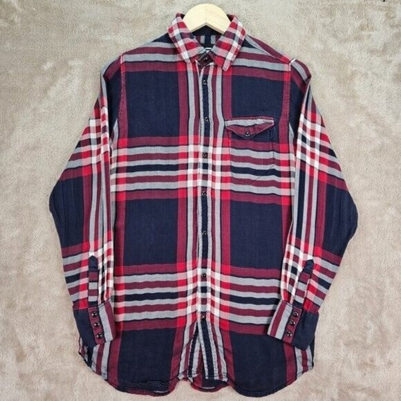 G-Star RAW Shirt Boyfriend Fit Tacoma Long Check Plaid Snap Button Womens Size S - Picture 1 of 11